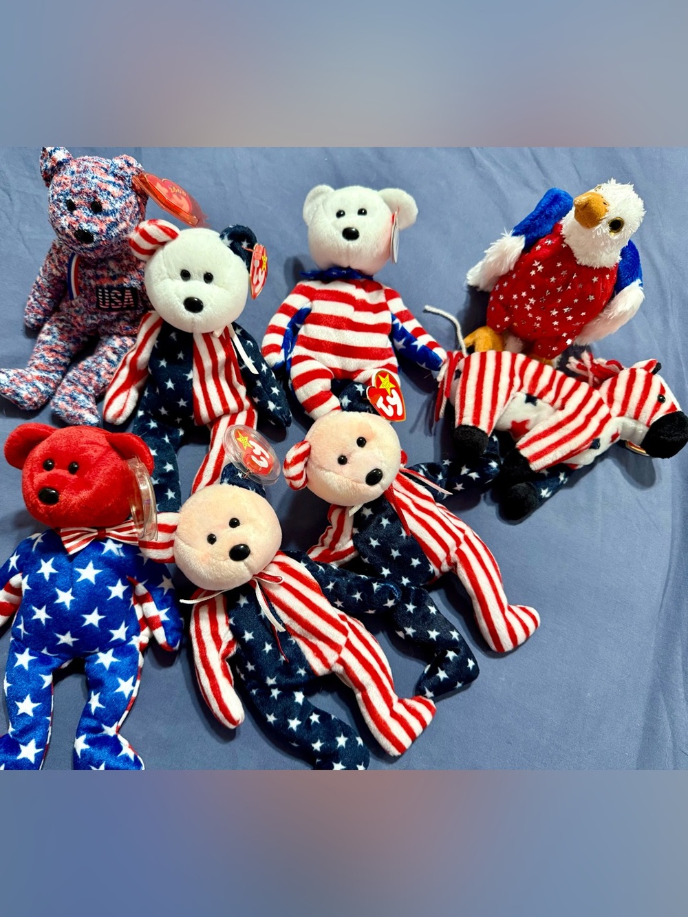 Lot Of 8 Patriotic TY Beanie Babies Bears, America the eagle & Lefty the Donkey.